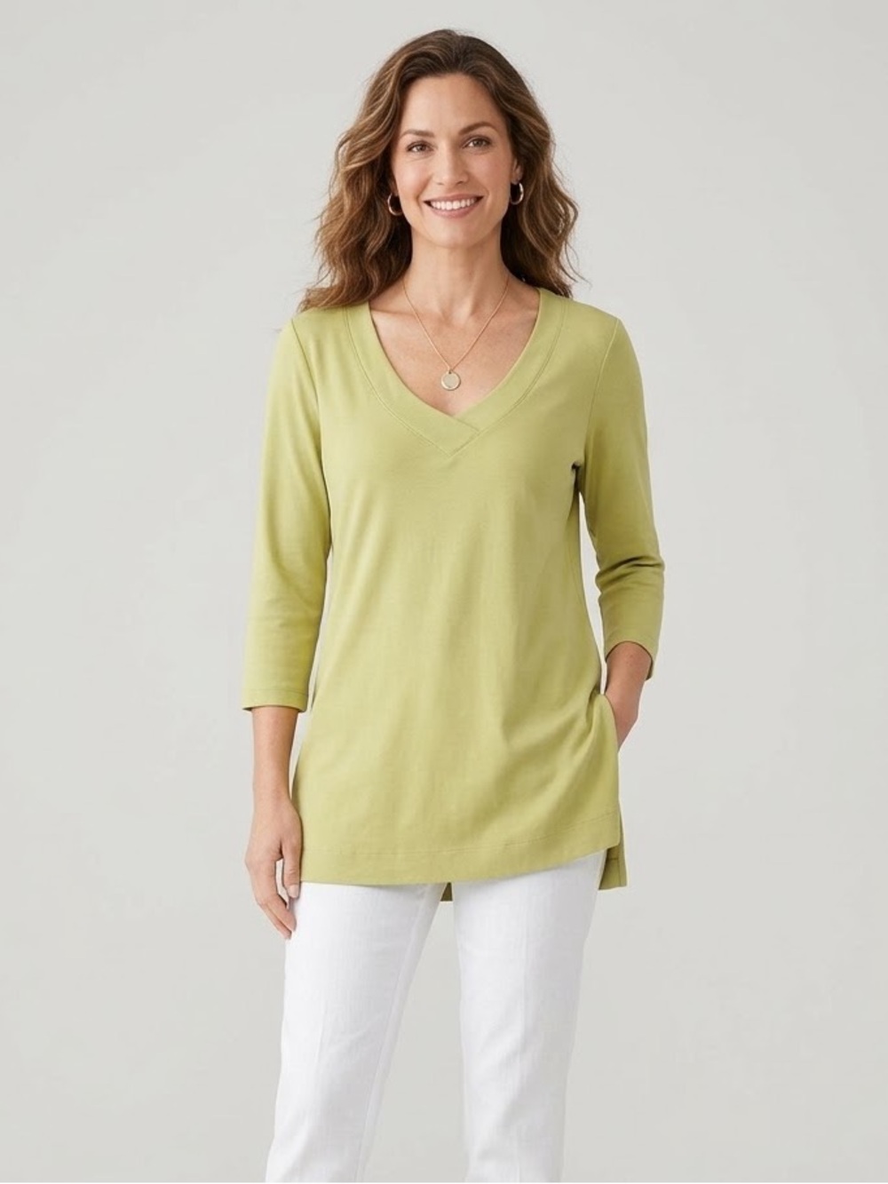 J.Jill Olive Chartreuse Perfect Pima Cotton V-Neck Tunic Top M Coastal Layering